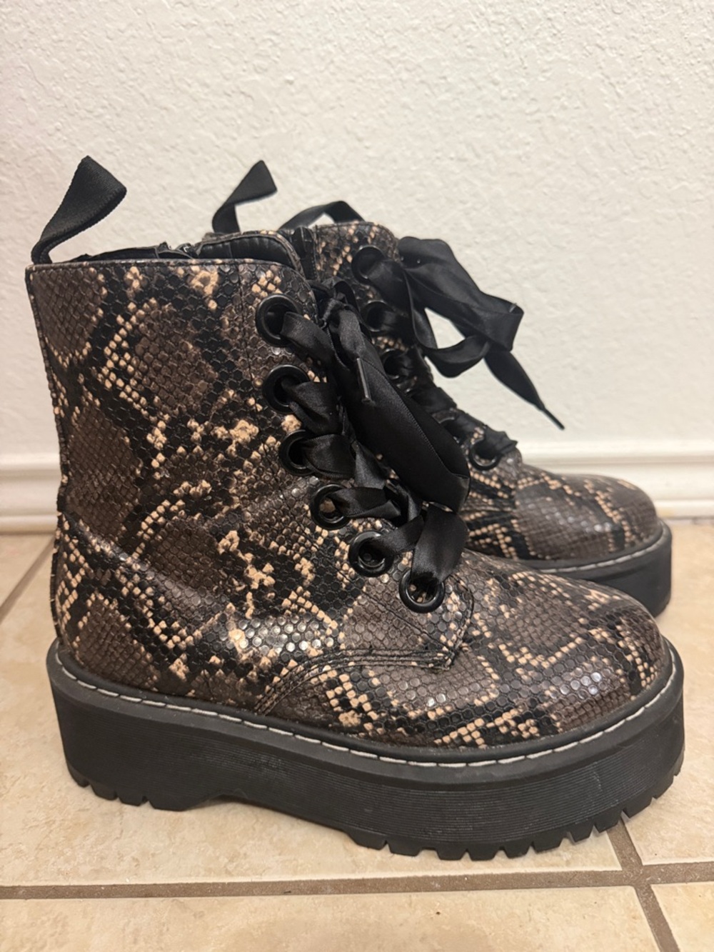 Forever 21 Brown & Black Snakeskin Combat Boots